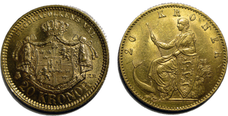 Two golden 20 kr coins, with identical weight and composition. The coin to the left is Swedish and the right one is Danish.