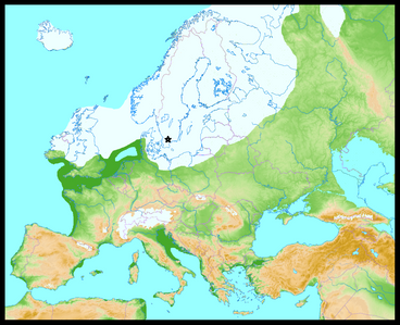 Europa och Östersjöområdet under Weichsel-istiden, för cirka 20.000 år sedan. Vid den tiden nådde istäcket sin största utbredning.