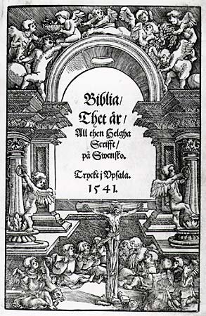 Front page of the first complete Swedish translation of the Bible in 1541, known as the Gustav Vasa Bible.